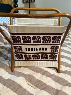 Vintage Thailand Elephant Canvas Magazine Rack - Cream & Brown